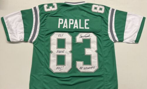VINCE PAPALE Signed Philadelphia Eagles Green Football Jersey Fly Eagles Fly & Be Invincible! Inscriptions JSA COA