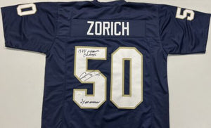 CHRIS ZORICH Signed Notre Dame Fighting Irish Navy Football Jersey 1988 National Champs & 2x All-American Inscriptions JSA COA